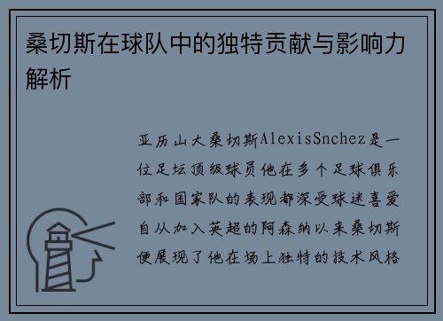 桑切斯在球队中的独特贡献与影响力解析